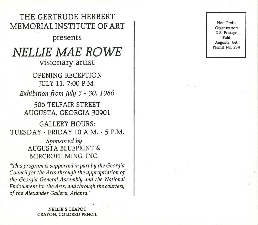 Postcard text reads The Gertrude Herbert Memorial of Art presents Nellie Mae Rowe visionary artist opening reception, July 11, 7pm. Exhibition from July 3 to 30, 1986. 506 Telfair Street, Augusta, Georgia 30901.