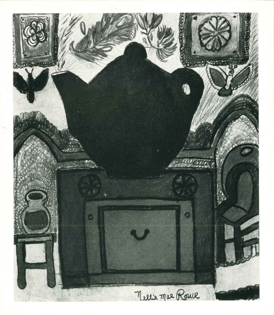 Postcard for exhibition opening of Nellie Mae Rowe: Visionary Artist with reproduction of Rowe's drawing titled Nellie's Teapot.