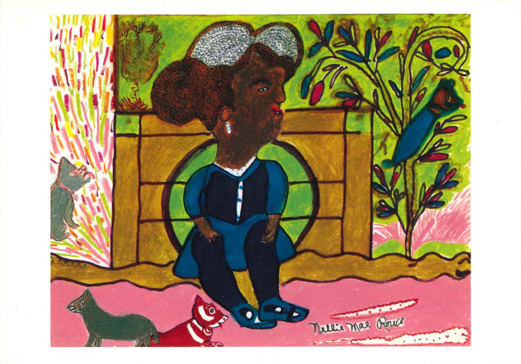 Postcard for The Leven in the Bread featuring an artwork of Rowe's titled Untitled (Self-Portrait) with a figure wearing a blue dress seated next to a tree with a bird. Two small animals sit near her feet, and a third is to her left against a field of pink, green, orange, and red lines.