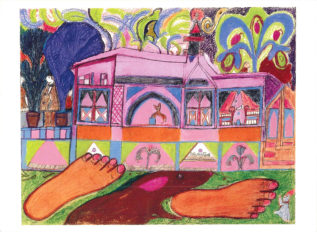 Members Evening invitation for the exhibition Ninety-Nine and a Half Won't Do. Features Rowe's artwork titled Nellie Mae Making It to Church Barefoot. A pair of feet are on a green field beneath a pink building with a red and black spire. A pointy-nosed animal with brown fur and a pink ear stands between the disembodied pair of feet.