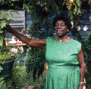 Nellie Mae Rowe wears a green dress and stands in the garden in front of her house. Her right hand rests on the branch of a tree. The tree branches above her head are decorated with fruit-shaped ornaments, and a rack holding teacups hangs from the tree to the right of Rowe's head.