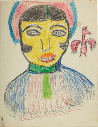 Crayon drawing of a wide-eyed, smiling woman, wearing a multi-colored top and hat; a small, red, bird-like creature floats over her right shoulder.