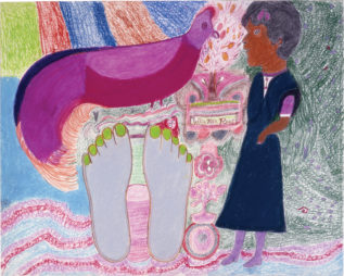 Drawing of a woman in a deep navy blue, long dress facing a bright purple peacock above a pair of gray feet with green nails, all against multicolored background.