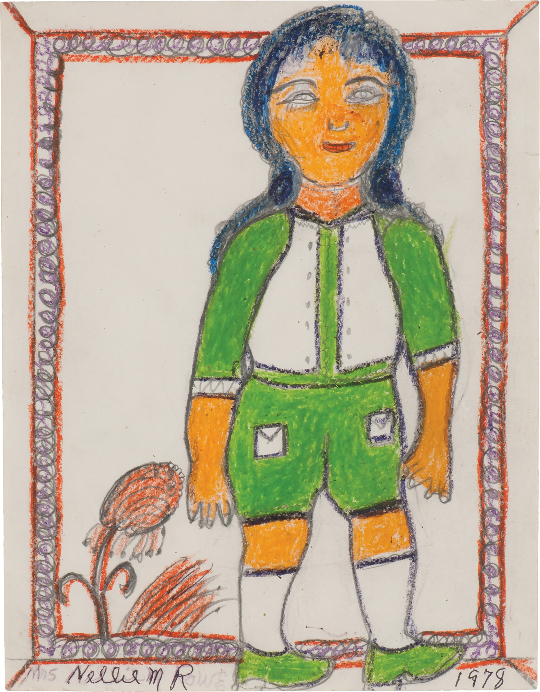 Drawing of a standing girl, with orange skin, a slight smile, and black-blue hair, wearing green shoes, shorts, and top with a white vest and socks; purple and orange border.