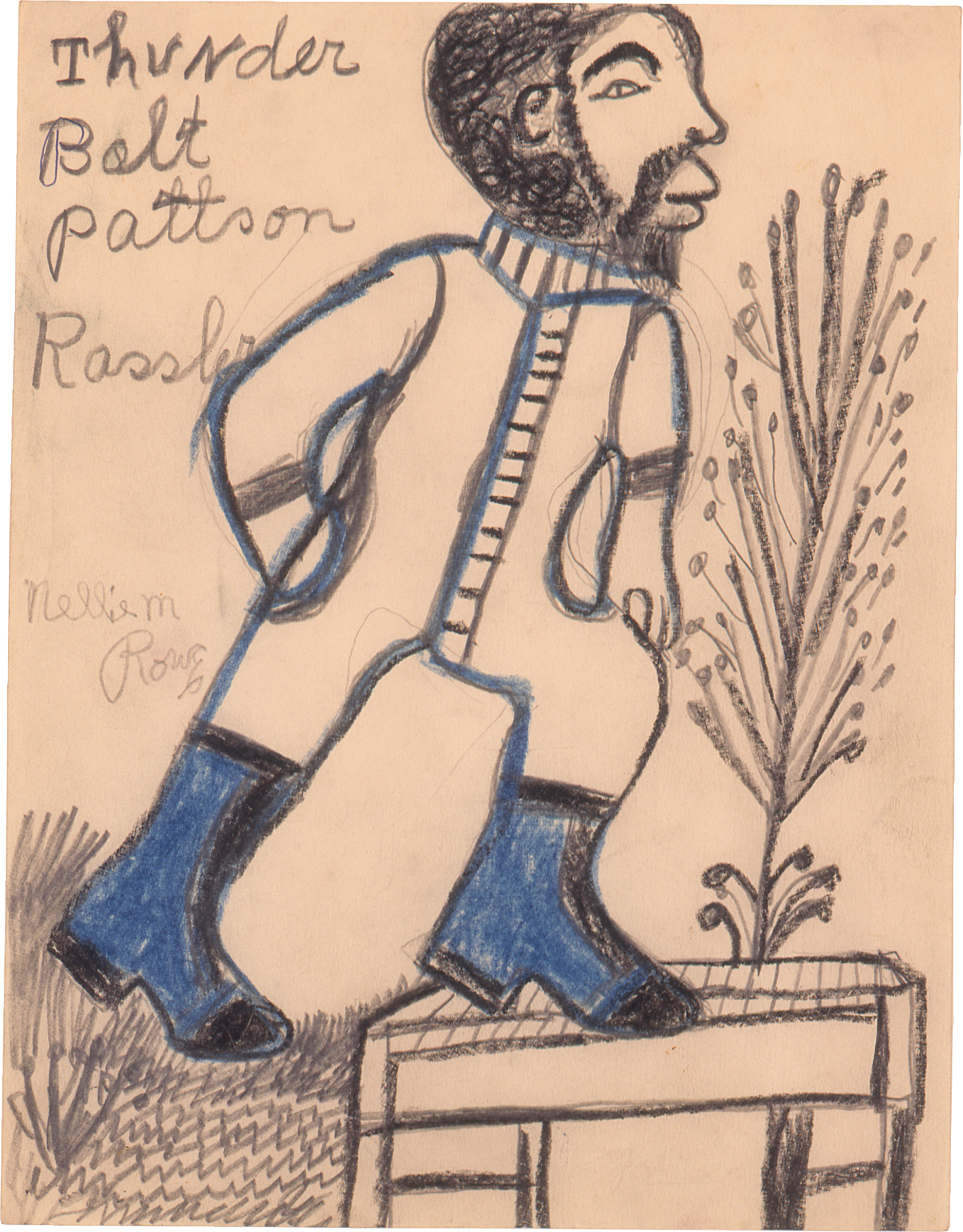 Full-body drawing of bearded figure with blue and black outlining and one hand in pocket, stepping onto a platform; “Thunder Bolt Pattson Rassler” written in top left corner.