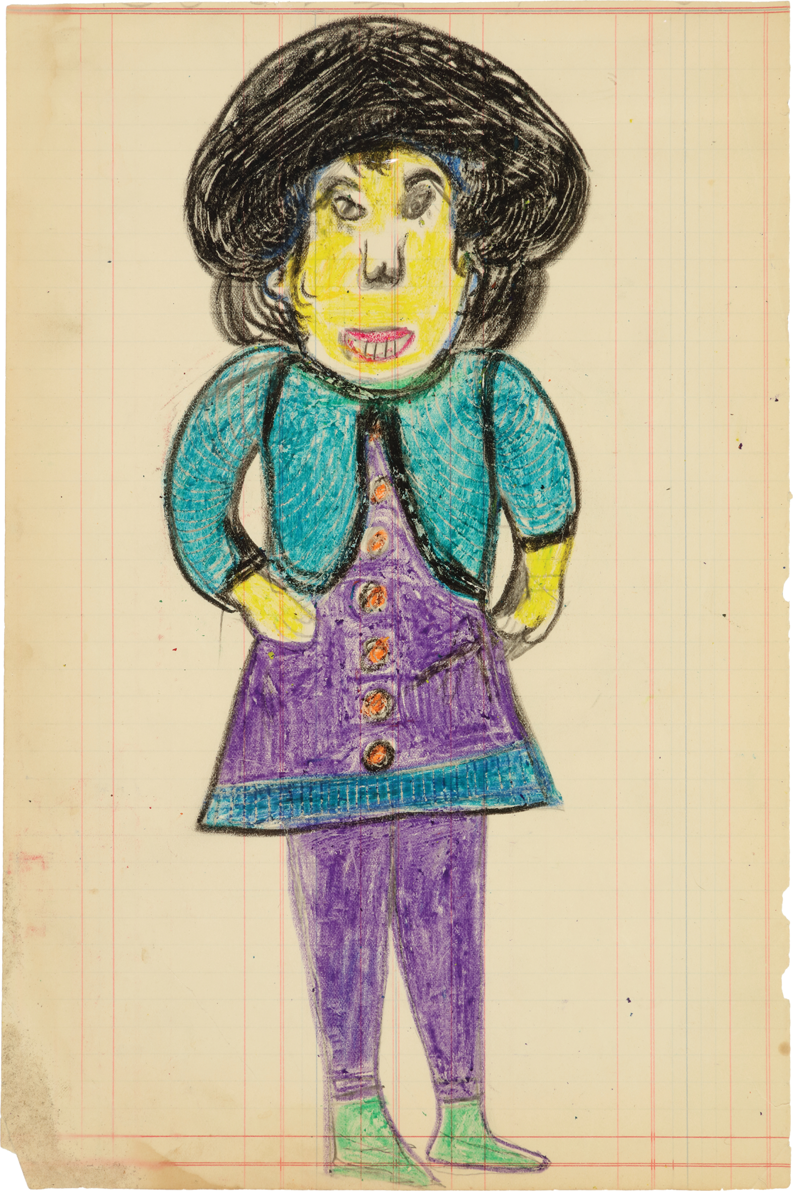 Standing figure in a purple dress with pants and blue cropped jacket, with bright yellow skin, and black hair on vertically lined paper.