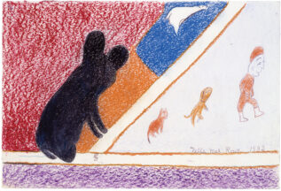 A large brown bearlike creature climbs a diagonal line; below the line are two animals and a human walking off the page.