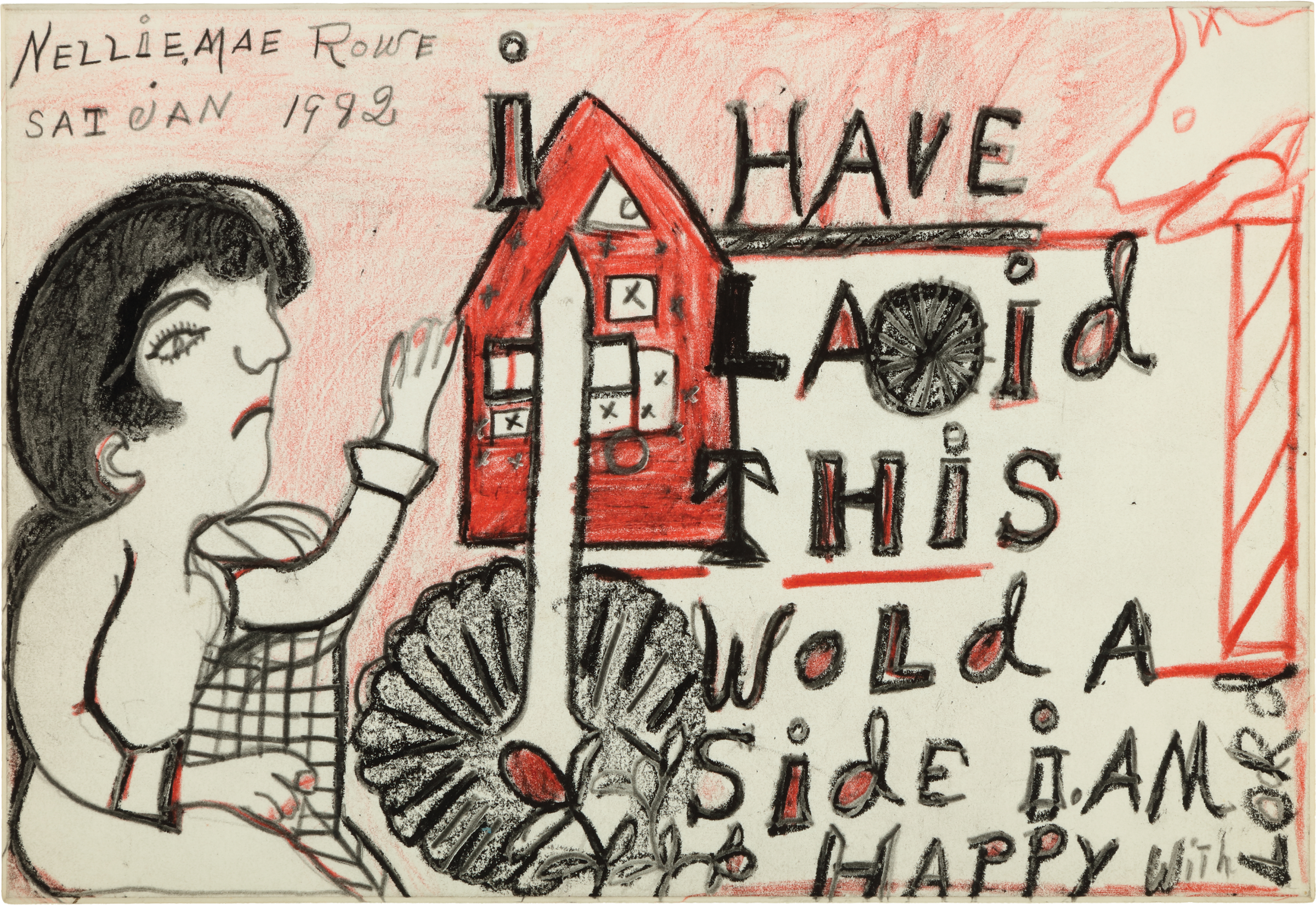 A white woman with black hair motions toward a red house in the distance; text next to the house reads, “i Have Laid This World aside i Am Happy with Lord."
