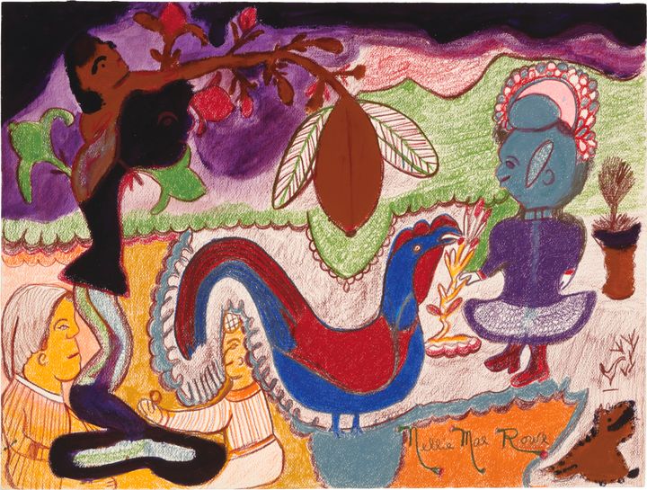 A red and blue rooster eats from a plant tended to by a humanlike figure wearing a purple dress and red boots. Above, a plant hangs from a branch that extends from the arm of a Black human-tree hybrid. Other plants and figures fill the space.